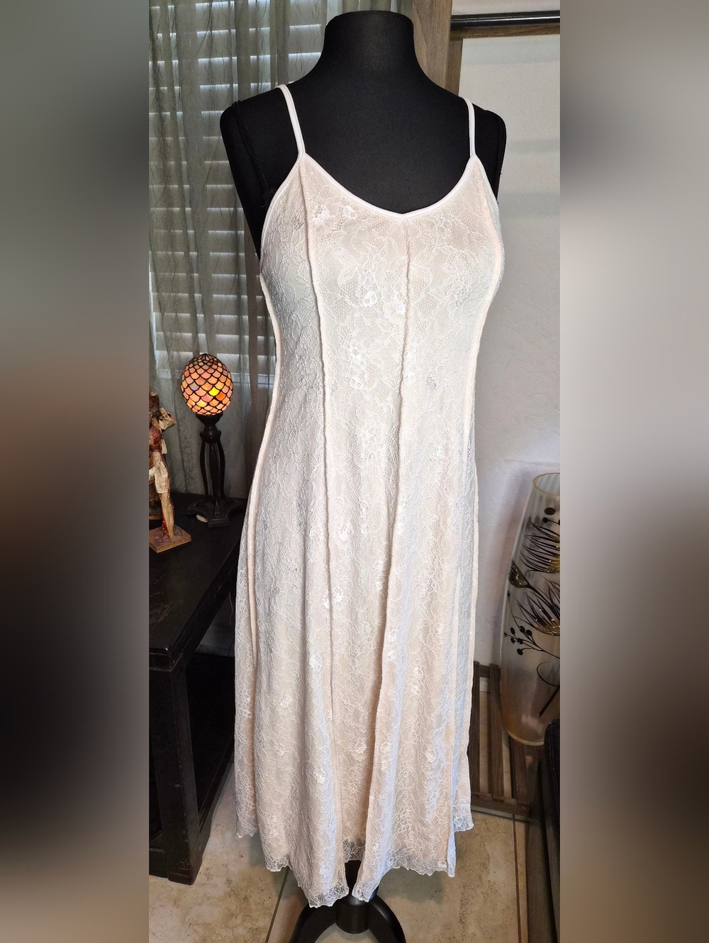 Cream Lace Panel Midi Slip Dress NWT #0189